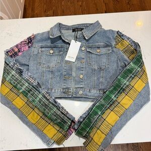 AKIRA Denim Jacket with Yellow and Green Plaid Sleeves
